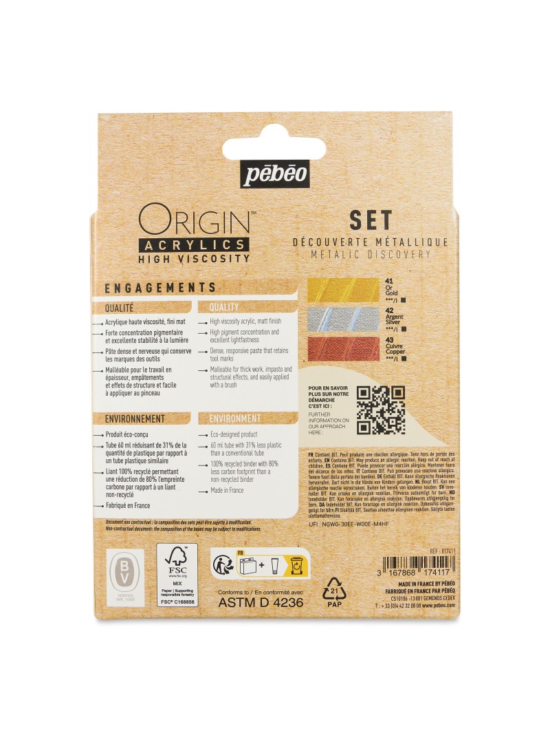 Acrílico Pebeo Origin Set 3 Colores Metálicos 60ml 817411 Acrílico Pebeo Origin Set 3 Colores Metálicos 60ml 817411