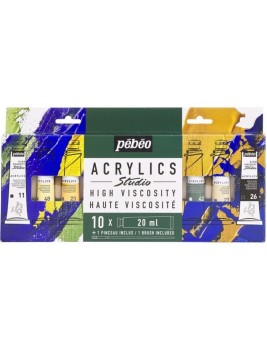 Acrílico Pebeo Studio Set 10 Colores 20ml + Pincel 833316