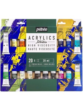 Acrílico Pebeo Studio Set 20 Colores 20ml + Pincel 833426