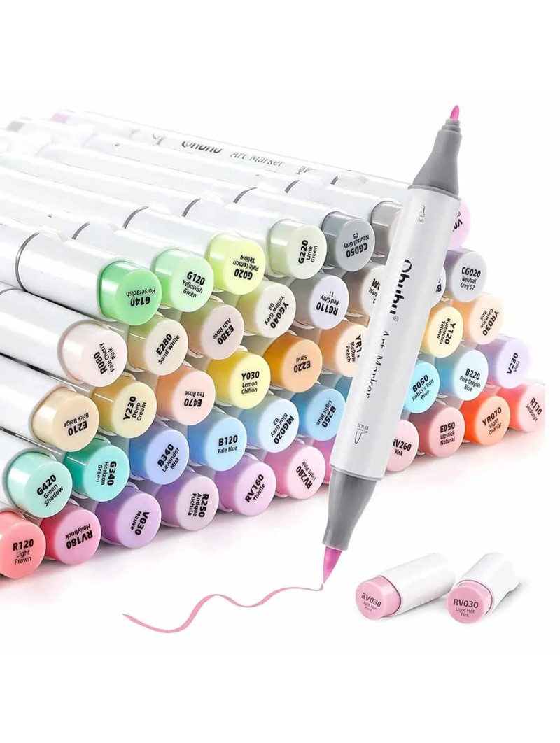 Marcadores al Alcohol Ohuhu Set Honolulu B 48 Colores + 1 Blender Tonos Pasteles Y30-80404-65