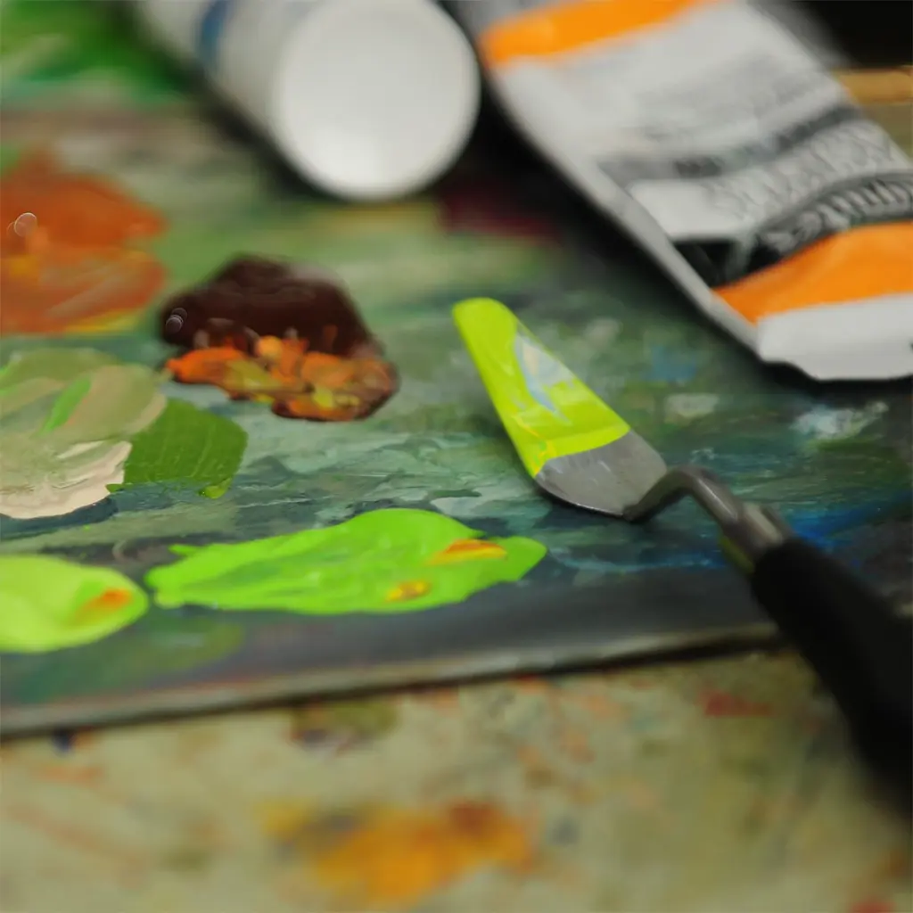 094376974317-LQX SMALL PAINTING KNIFE ON GREY PALLET COVERED IN LIME GREEN PAINT (For Office Print).webp