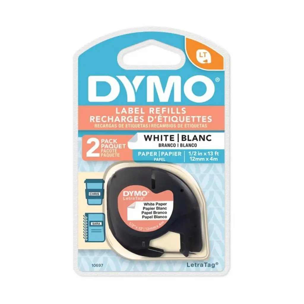 Cinta LT Dymo de Papel Negro sobre Blanco 2 Unidades 12mm x 4mt