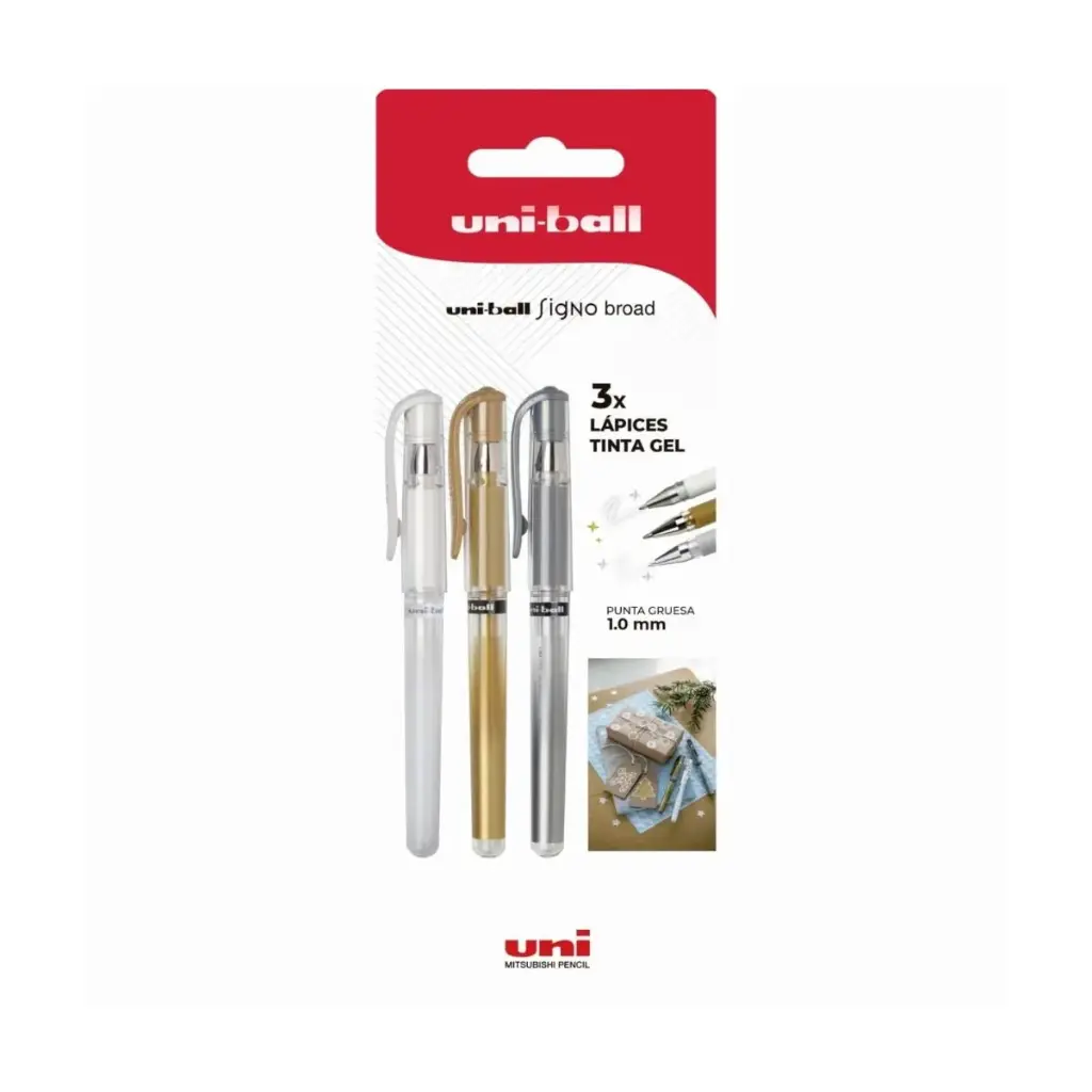 Lápices Gel Uni-Ball Signo Broad Pack 3 Blanco, Dorado y Plateado