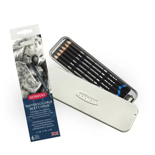 [700837] Lápices Grafito Acuarelables Derwent Sketching Set 6 Caja Metálica